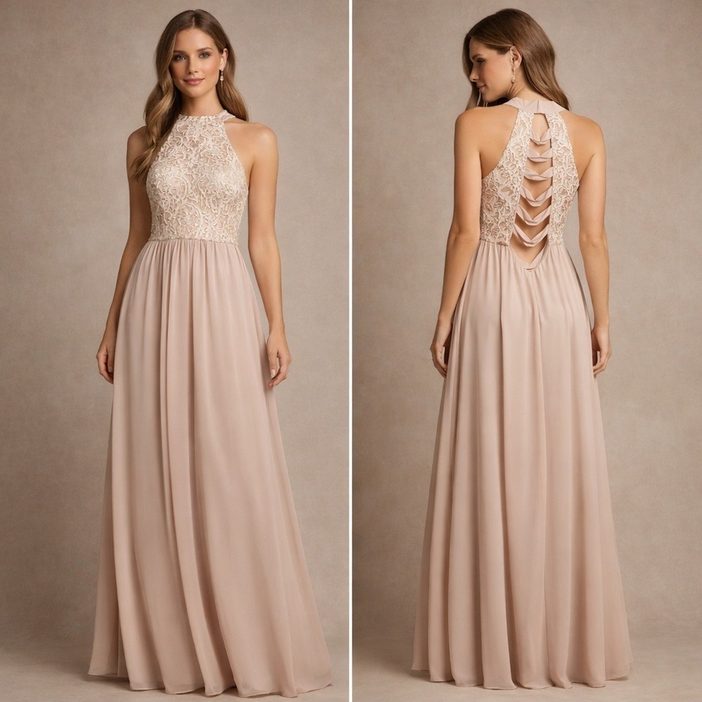 Speechless Maxi Dress Sz 7 Blush‎ Pink Sequined Lace Halter Formal Gown Evening